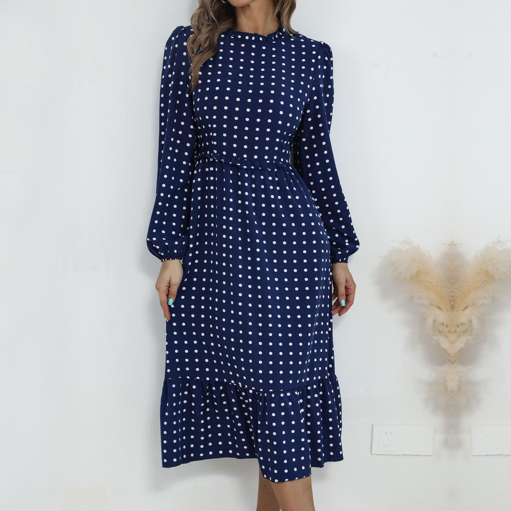 YYFS Женские винтажные повседневные платья в горошек с принтом на лето и весну с длинным рукавом и круглым вырезом с высокой талией