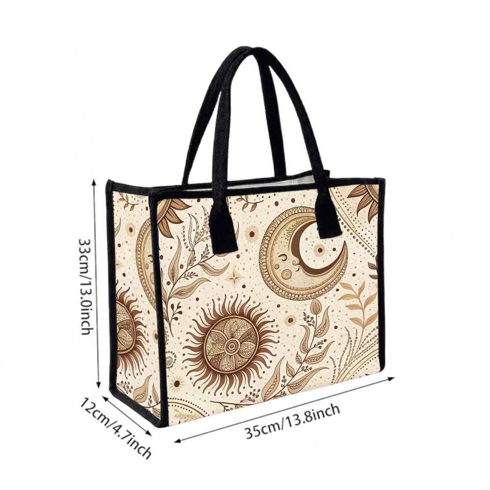 Boho Sun Moon Print Tote Bag Casual Daily Shopping Portable Lightweight Aesthetic Carry Bag