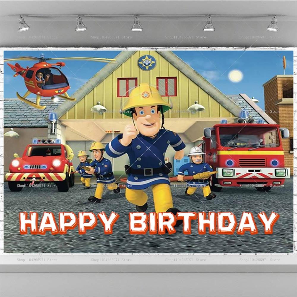 Boys Birthday Baby Shower Backdrop Cartoon Fireman Sam Design Indoor Wall Decor Kids Studio Portrait Photography Gift Supplies
