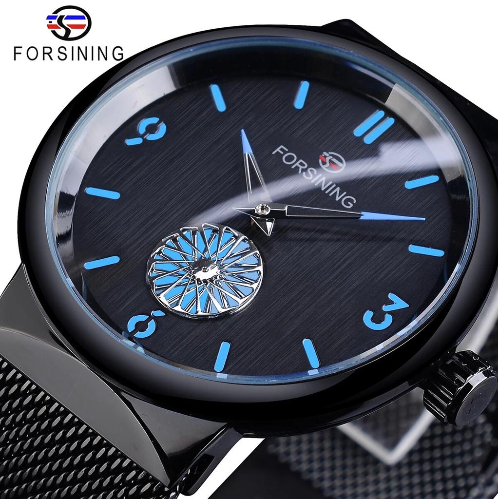 Forsining Men's Skeleton Mechanical Watches Waterproof Outdoor Wristwatch Casual Minimalism Watch For Man Black Mesh Band