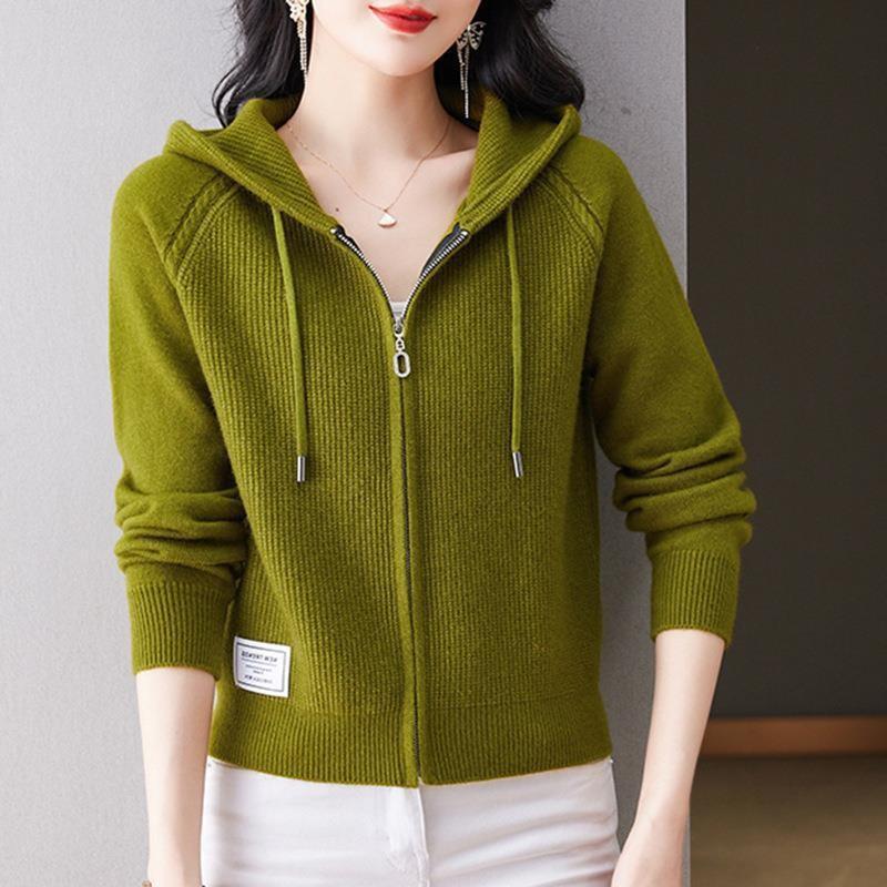 Women's Hooded Sweater Short Zipper Knitted Cardigan Spring Outerwear Hooded Sweater