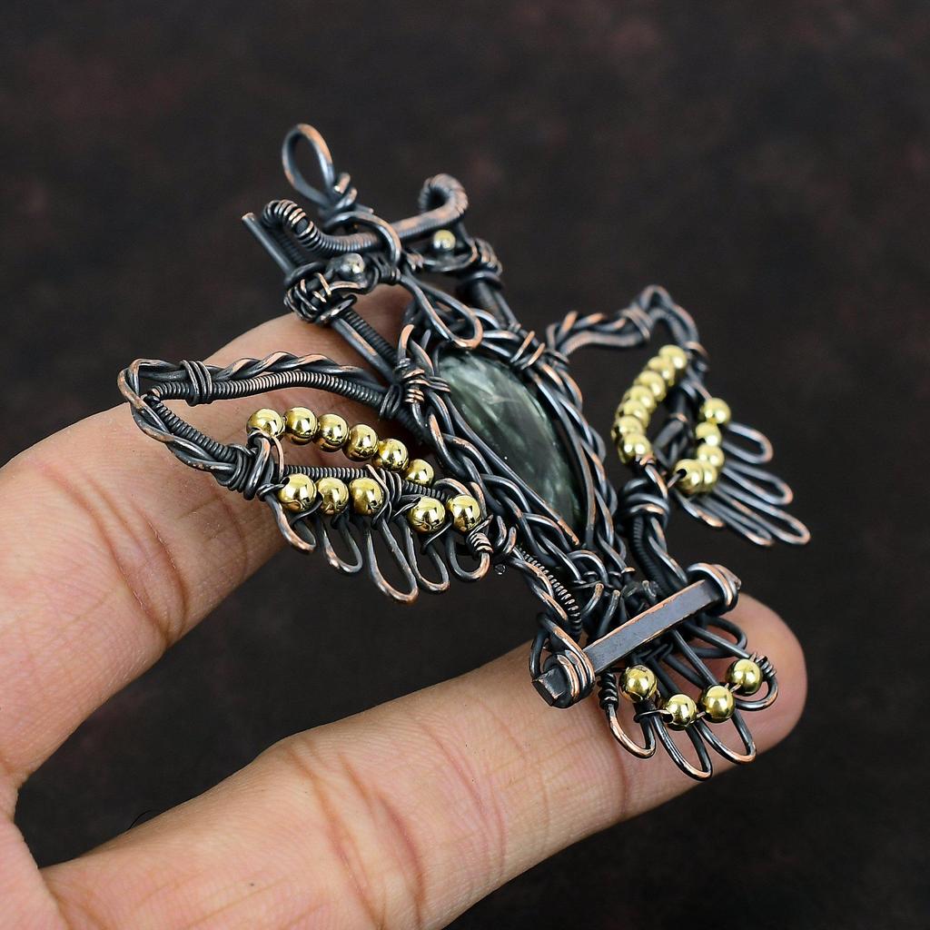 Подвеска серафинит, медная проволочная обертка, подвеска в виде совы, драгоценный камень, медные украшения, подарок для мамы, подвеска ручной работы в стиле бохо, проволочная обертка