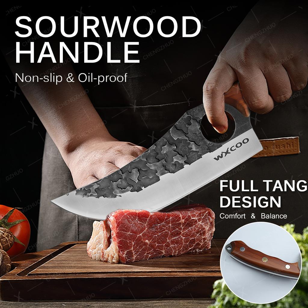 Профессиональный нож для мяса Кованый нож для разделки Нержавеющая сталь Топор Кухонный нож шеф-повара Ножи для мяса, рыбы, фруктов с чехлом