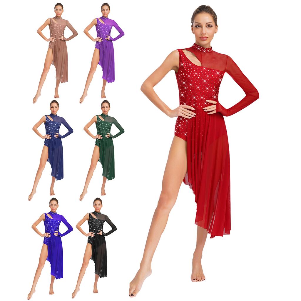 Womens Asymmetrical Lyrical Dance Dress Mock Neck Cutout Sheer Mesh Shiny Rhinestones Performance Costume