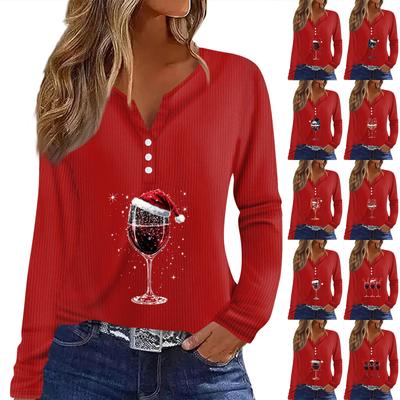 Женская мода повседневная рождественская винная бокалная печать V-образный вырез рукав 3/4 пуговиц трикотажная толстовка с капюшоном обычный топ