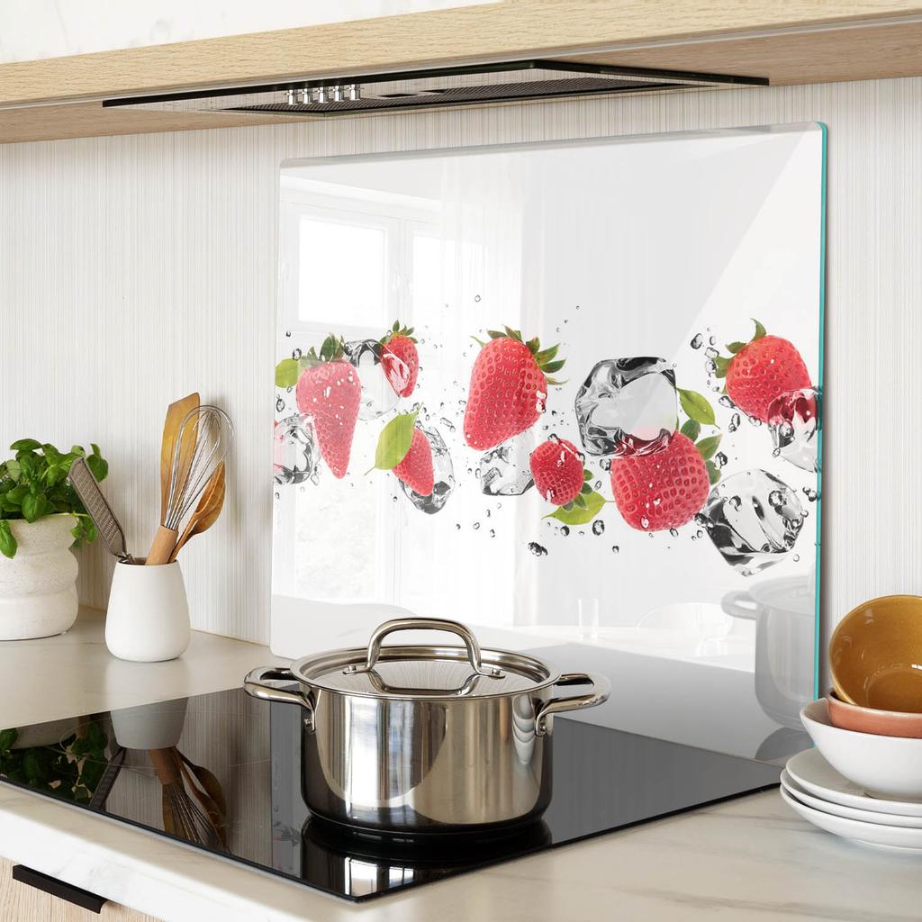 Glass Kitchen Serving Board with Strawberries and Water Graphic 60x52 cm