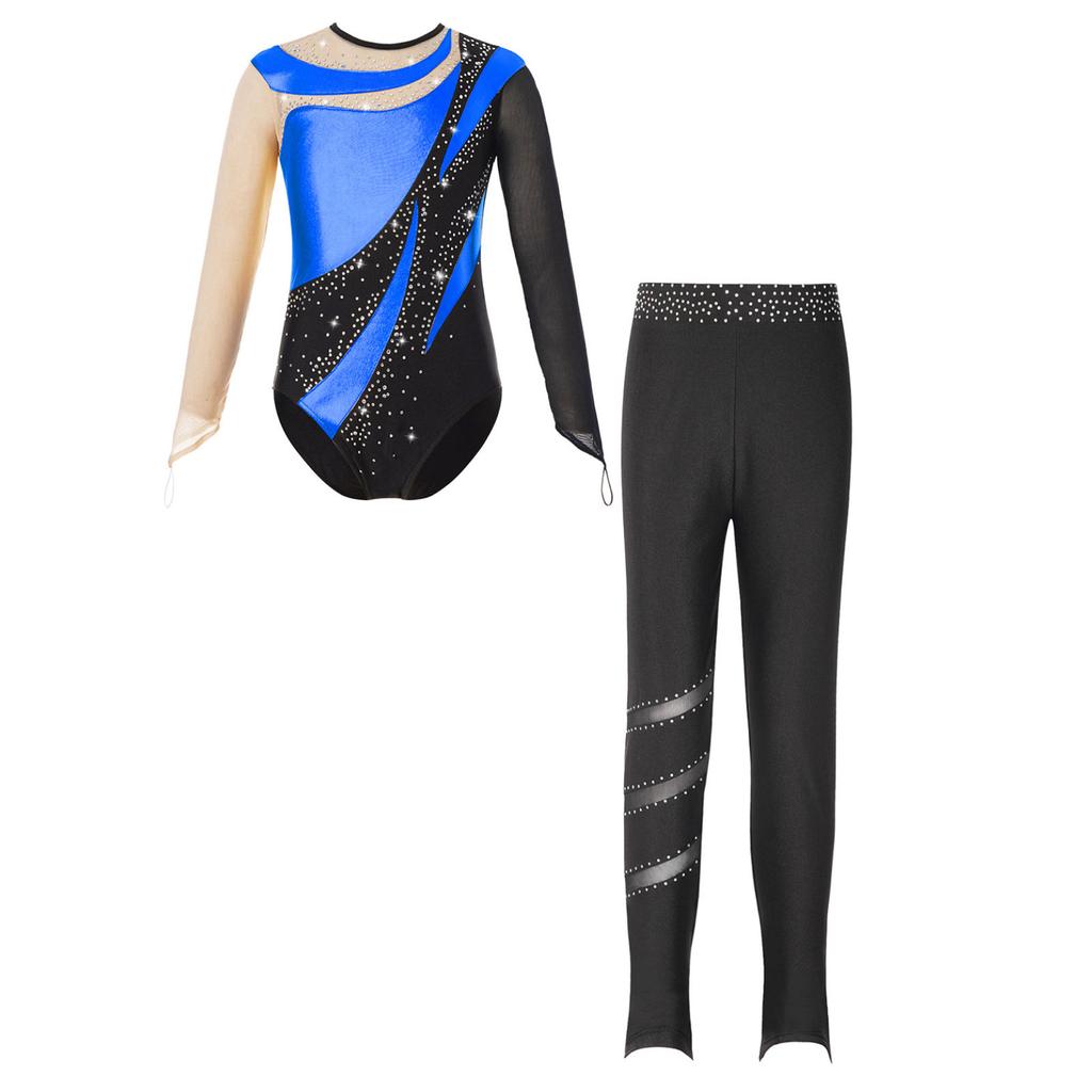 Детский гимнастический наряд для девочек с металлической лоскутной сеткой, купальник с длинными рукавами и вырезом на спине, блестящие стразы, эластичные леггинсы с поясом