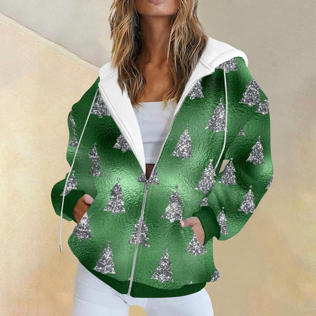 Женская модная повседневная толстовка с рождественским принтом и длинными рукавами, карманная куртка, пальто с капюшоном на молнии