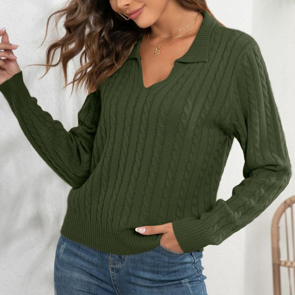 IHUASU Women's POLO Neck Twist Sweater Women's Pullover Loose Autumn and Winter Long Sleeve Knitwear