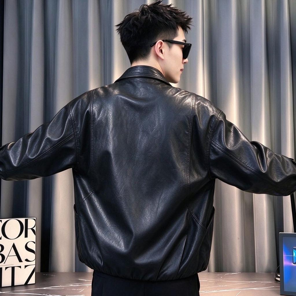 Spring and autumn American round neck fake two trendy brand leather jacket new jacket ruffian handsome popular casual