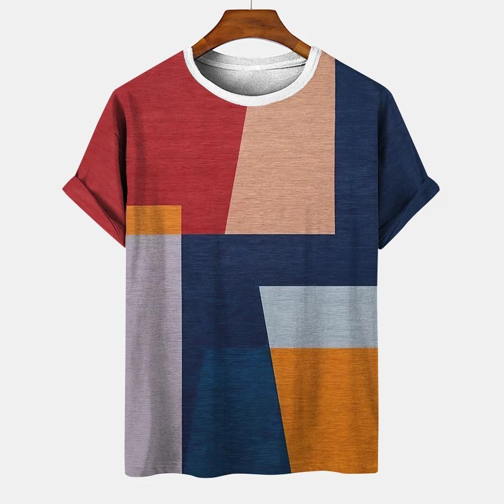 Геометрический полосатый узор, летний напечатанный высококачественный мужской топ, повседневный, простой, повседневный, модная рубашка свободного покроя с круглым вырезом и коротким рукавом