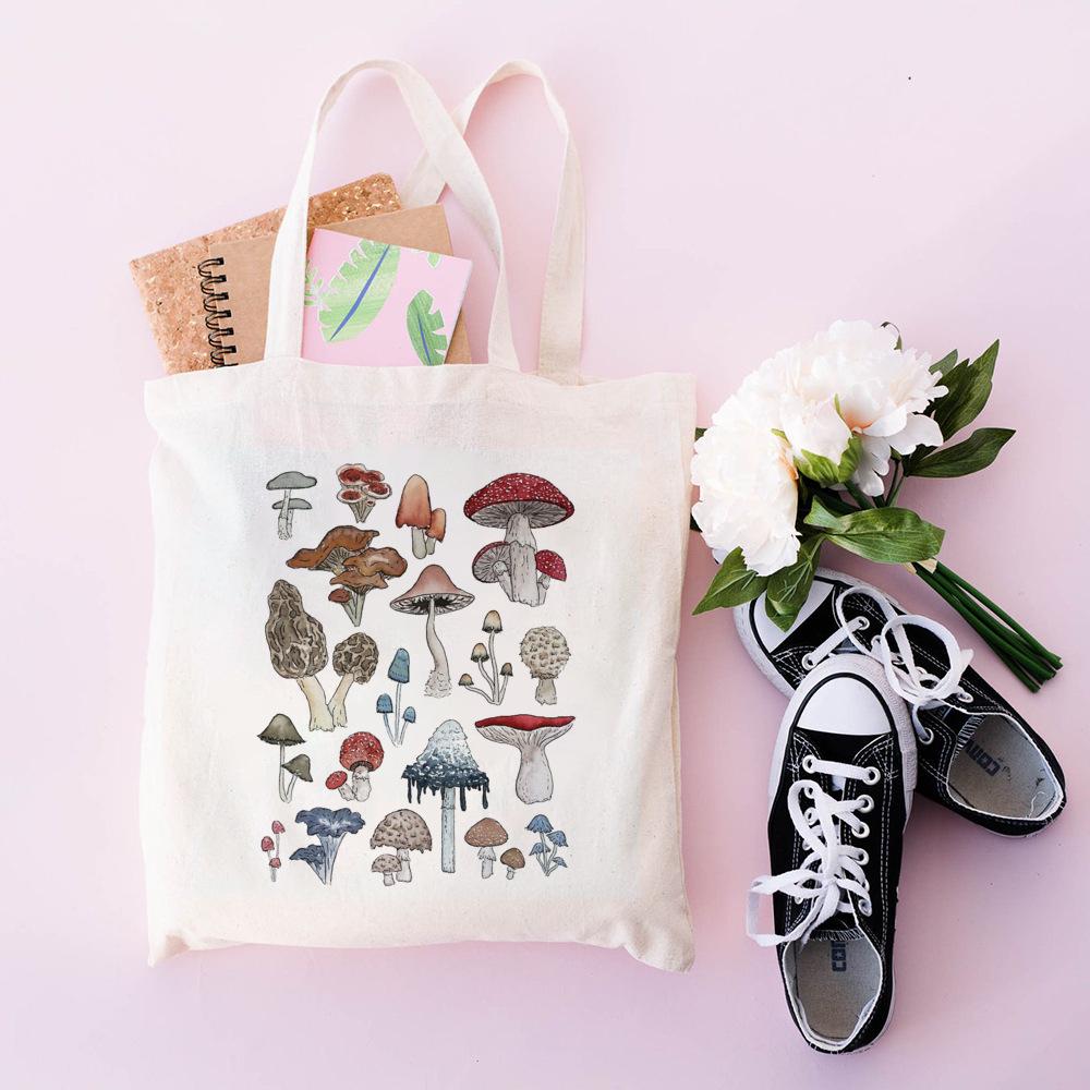 Women Canvas Shoulder Bag London Colorfull Mushroom Print Ladies Casual Handbag Tote Bag Reusable Large Capacity Cotton Shopping Beach Bag