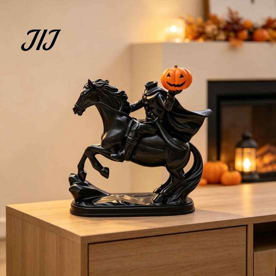 Horseman Riding Horse Statue Halloween Headless Statue, Gothic Knight Black with Ornaments Pumpkin Lantern, Spooky Resin Festive Decor for Home Yard