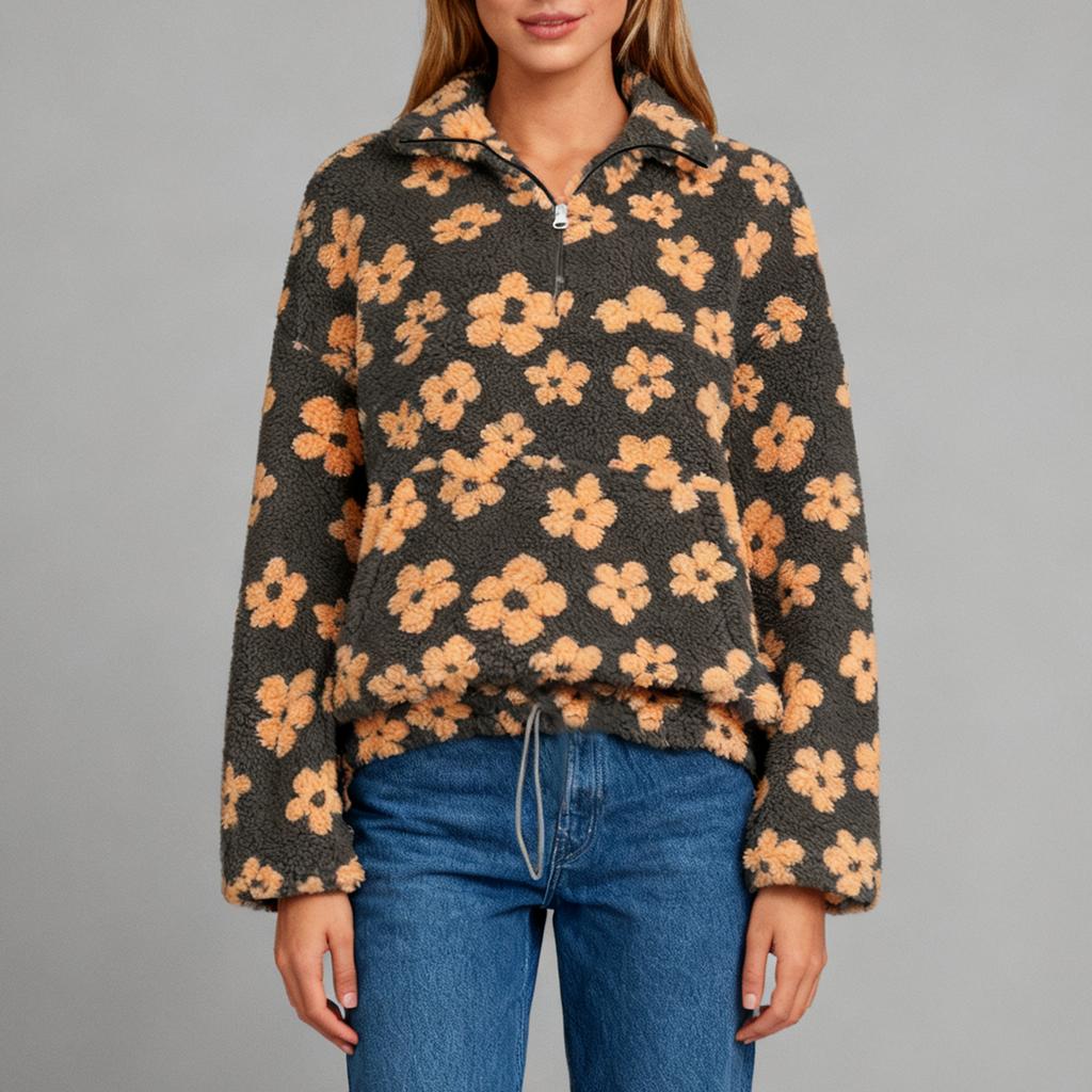 Женский модный свитшот с круглым вырезом, длинными рукавами, милым цветочным принтом, свободного кроя, с карманом на молнии, теплый, с капюшоном