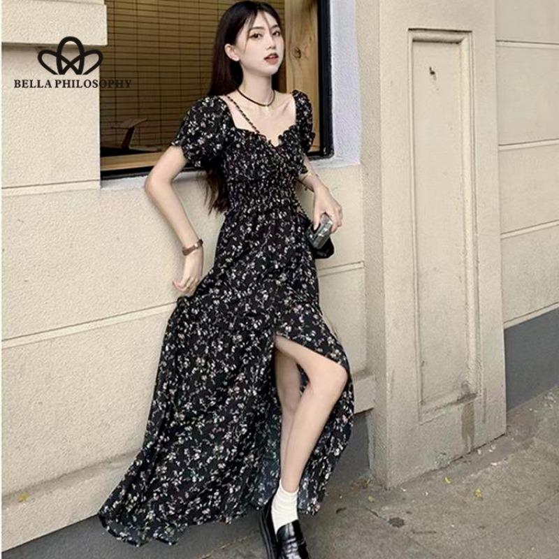 French Square Collar Floral Dress Women's Summer 2024 New Waist Mid-length Slit A-line Long Dress
