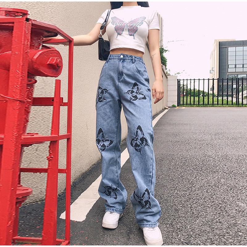 2025 Spring Autumn Trousers High Waist Butterfly Print Y2K Jeans for Women Fashion Loose Straight Leg Denim Pants Casual Clothing