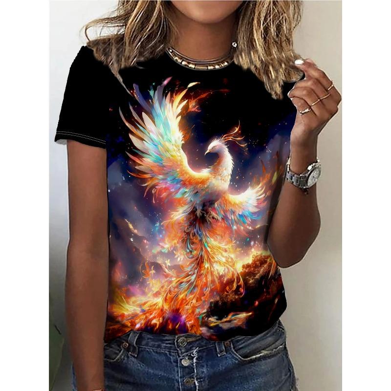 Summer Round Neck 3D Phoenix Dragon Pattern Printed Top Fashionable Casual Short Sleeved Women's T-shirt