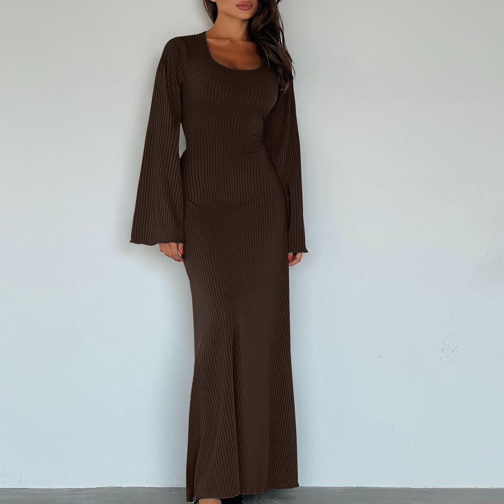 Женское элегантное трикотажное платье с завязкой на талии, платье макси с роговыми рукавами для женщин, однотонное длинное платье с U-образным вырезом, облегающее осеннее платье в рубчик
