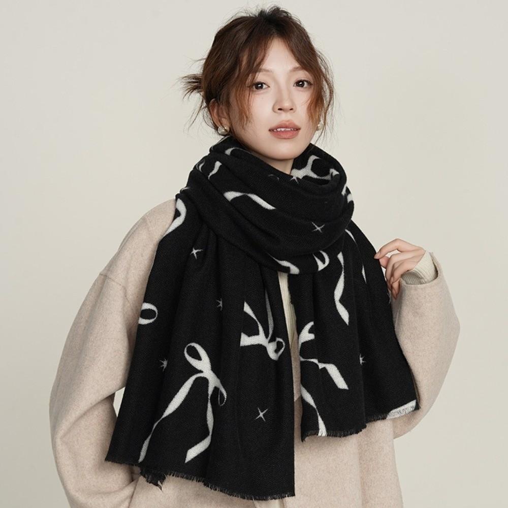 Thicken Bow Wool Scarf Printed Women Cashmere Shawl Elegant Winter Cashmere Scarves Female