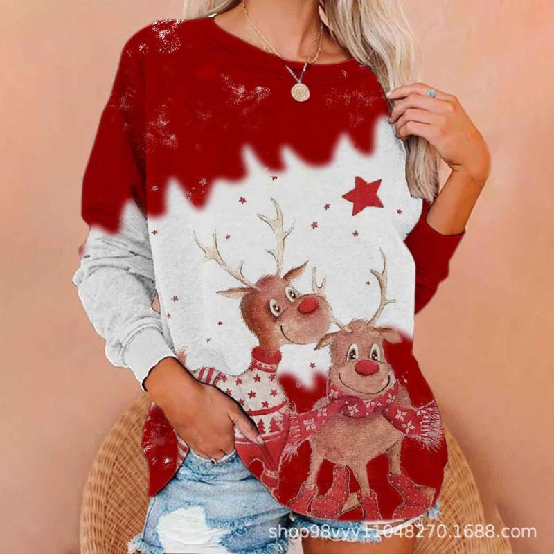 Womens Christmas Pullover Hoodie With Deer Print Red Loose Fit Oversized Sweatshirt Winter Casual Wear