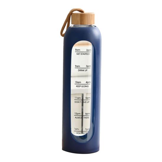 Стеклянная Бутылка для Воды 1 Литр Питьевая Бутылка с Отметками Времени Силиконовый Чехол Герметичная Крышка с Носиком Широкое Горлышко Стакан для Воды