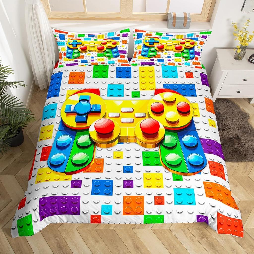 Building Block Duvet Cover Single Queen Bedding Set Colorful Toy Cubes Blocks Printed Soft Microfiber Quilt Cover for Teen Girls