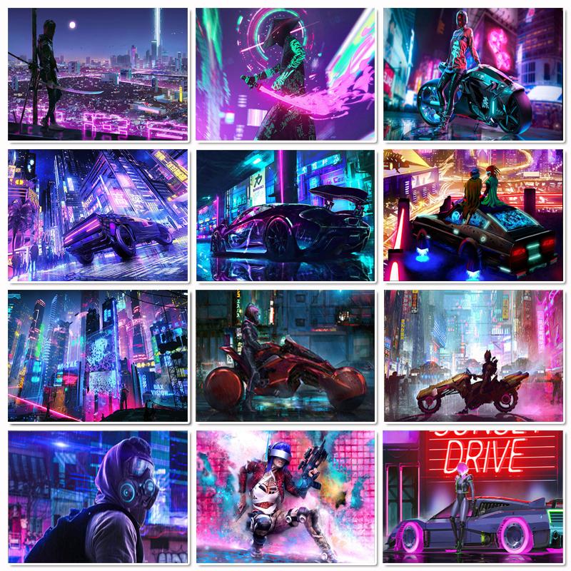 Будущее научно-фантастическое искусство киберпанк постер ночной городской уличный пейзаж холст картина спортивная машина настенная живопись для домашнего декора комнаты