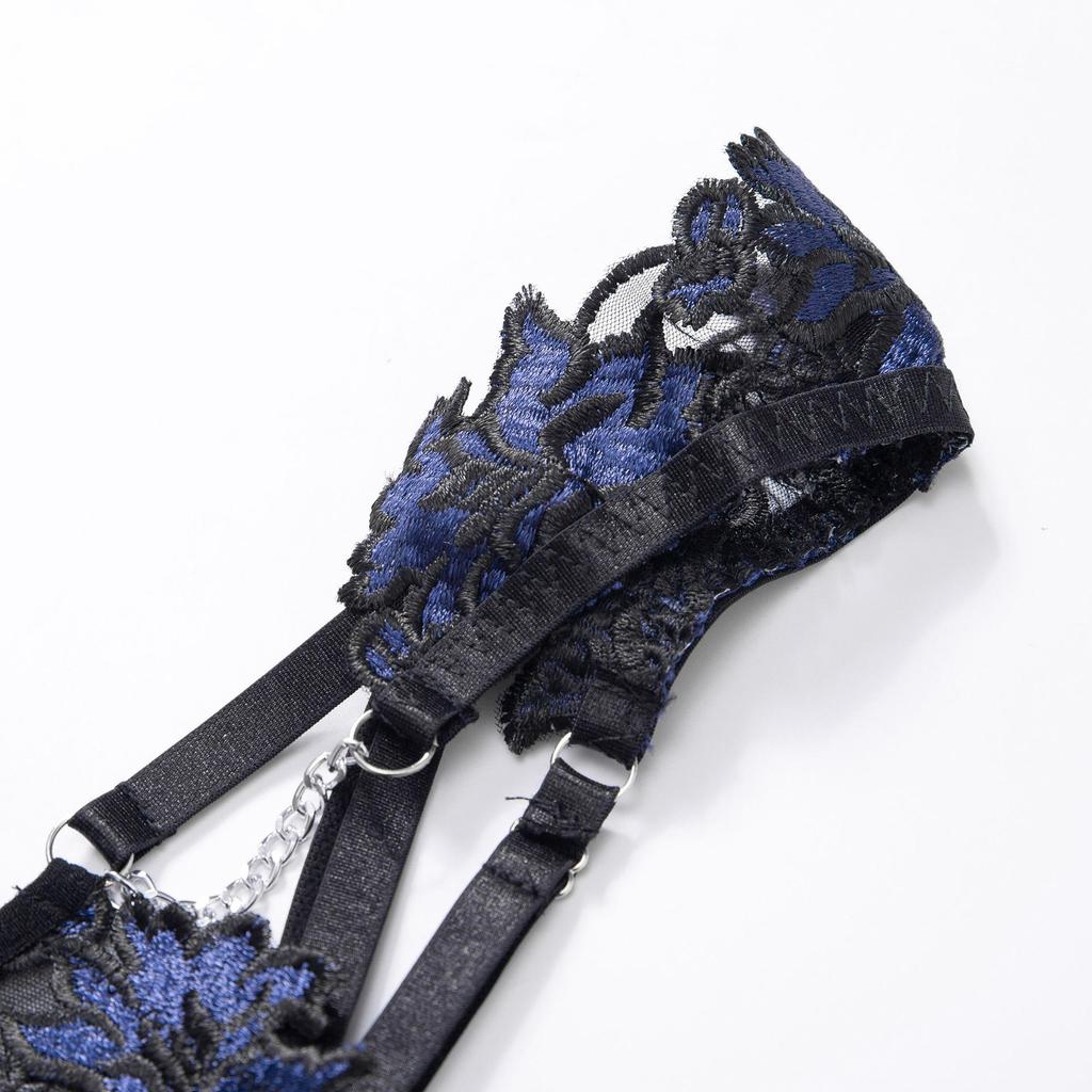 2022 Европейский и американский вышитый сетчатый цветочный комплект нижнего белья пуш-ап с поясом для чулок