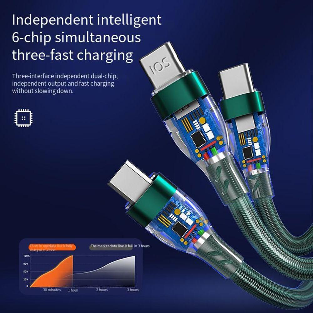 100 Вт 6A 3-в-1 USB-кабель, кабель для быстрой зарядки, многофункциональный зарядный шнур, USB-шнур, адаптер, плетеный провод для мобильного телефона, планшета, ноутбука