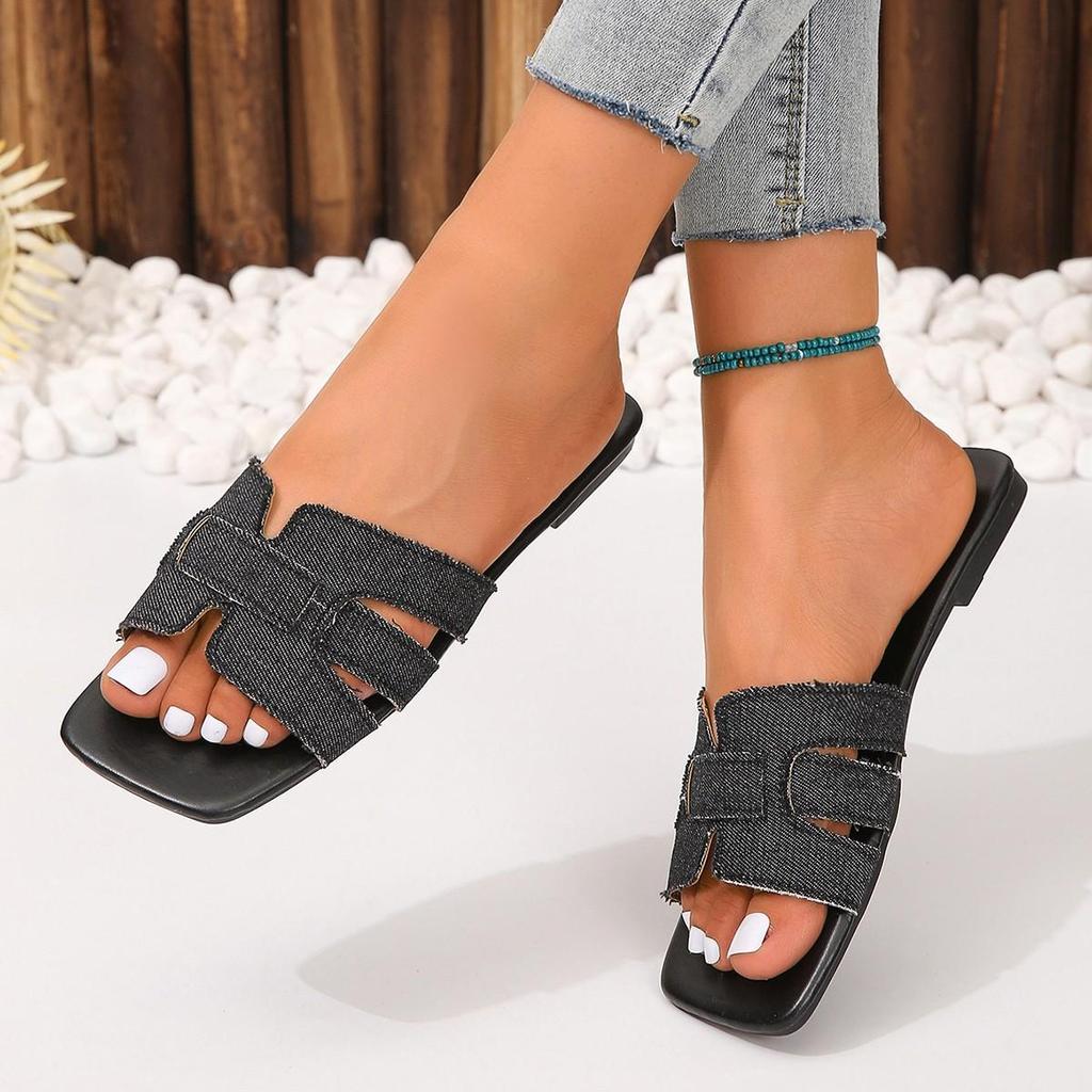 Women's Solid Color Square Head Slip-On Slippers - Breathable, Flat Design for Home, European & American Style