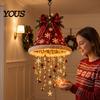 Plush Fabric Holiday Decor Lighted Christmas Ceiling Hanging Decor, Pre-Lit Tree Bell Pendant with Big Warm LED, Porch Doorway Ornament, Indoor
