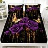 Комплект постельного белья с принтом фиолетовой розы и бабочки, натяжная простыня, черный цвет с золотыми акцентами, комплект с наволочками для декора спальни