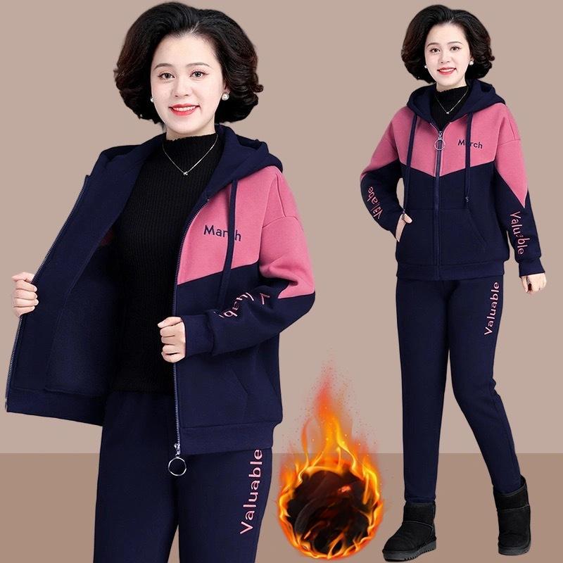 Plus Size Winter Warm 2 Pieces Sets Hooded Plush Lined Tracksuit High Waist Harem Pants Suit Plush Lined Thick Jogger Woman Outfit