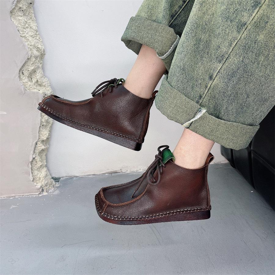 Johnature Короткие сапоги с квадратным носком, универсальные женские туфли на плоской подошве из натуральной кожи на шнуровке в стиле ретро в стиле ретро