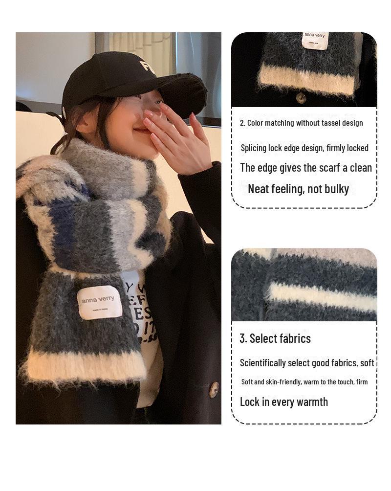 Зимний шарф из мохера в разноцветную полоску 2024 года: Универсальный, теплый, модный японско-корейский контрастный шейный платок для пар