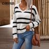 Vintage Striped Color Clash Sweater Women's Plus Size Striped Loose Lazy Style V-Neck Pullover Knit Sweater
