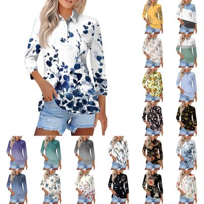 Женская модная повседневная рубашка с отворотом и рукавом 3/4, женские топы на пуговицах