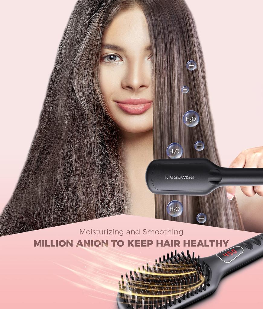 MEGAWISE 20 Seconds Fast Heating Heat Brush 2x Negative Ions Straight Brush Burn Prevention Constant Nano Heating Teeth iONIC Brush Type Hair Iron 60