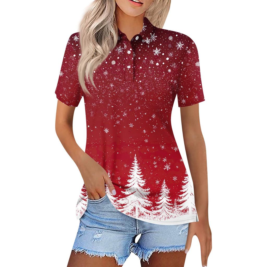 Женская модная повседневная рубашка с лацканами и короткими рукавами с рождественским принтом, женские топы на пуговицах