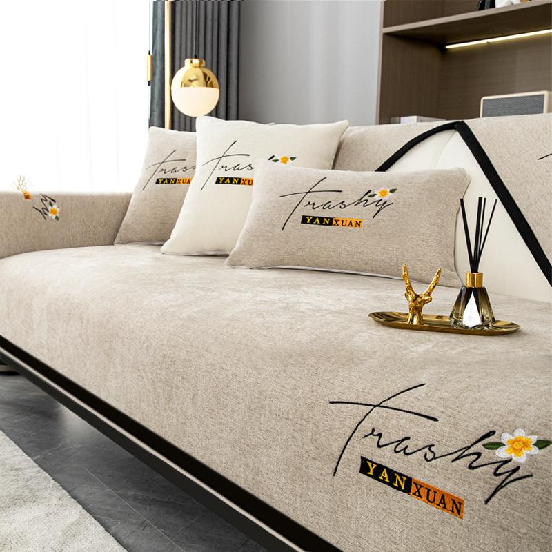 Chenille Embroidered Letter Sofa Cover Four Season Universal Non-slip Couch Cover L-shape Corner Sofa Cover Living Room Cushion