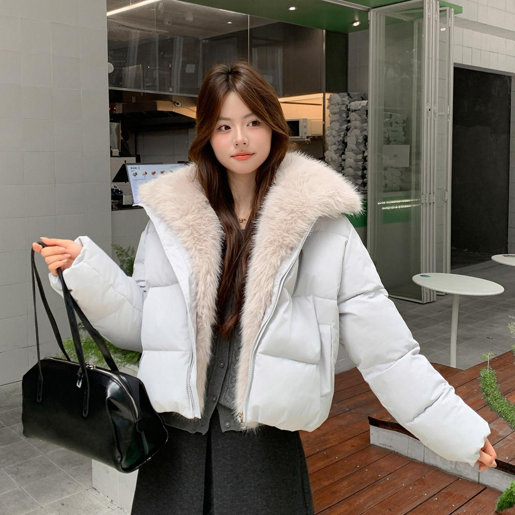 Short plush splicing cotton clothes women's large lapel collar large fur collar winter loose warm jacket multi-colored women's clothing