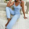 Women's Cami 2 Piece Pajamas Set Sexy Ribbed Knit Lace Trim Sleepwear Sleeveless V Neck Crop Top Long Pants Loungewear