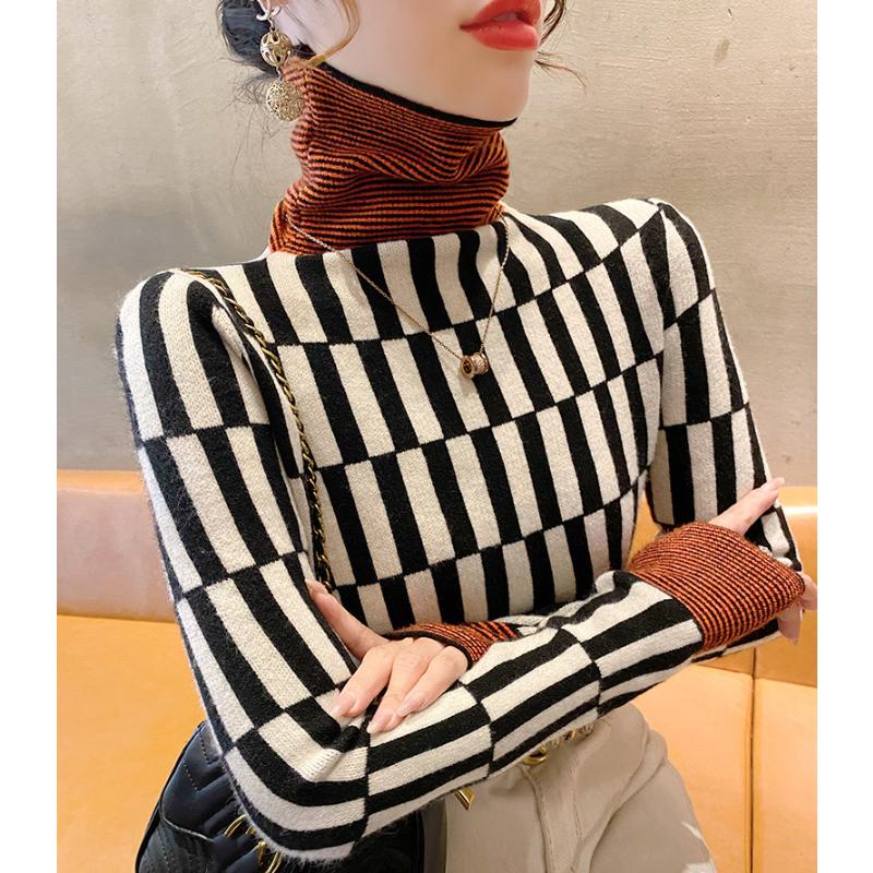 Водолазка с подобранными по цвету полосками, пуловер в стиле пэчворк, женский свитер на осень и зиму, трикотажный базовый свитер, женский внутренний топ