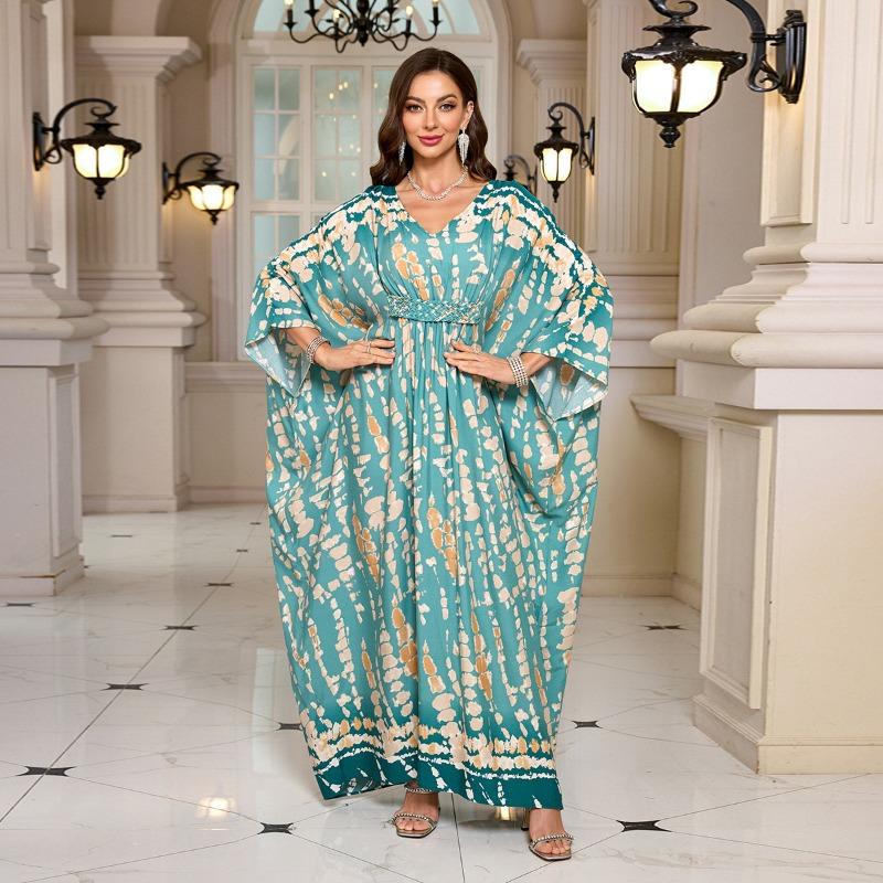 Женская мода весна осень геометрический принт длинный рукав V-образный вырез свободная талия повседневные платья