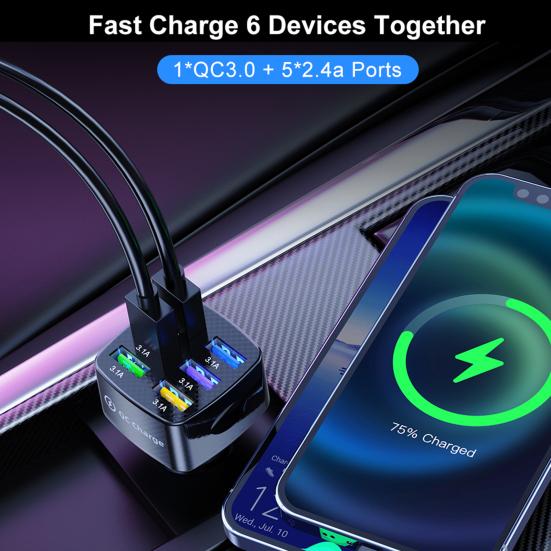 Car Charger 6-in-1 Safe Charging Mini QC 3.0 3.1A 6 USB Fast Charge Automotive Charger for Automobile
