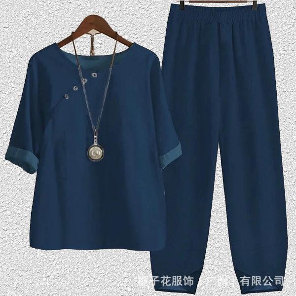 Europe beautiful women casual suit popular fashion summer new five-quarter sleeve printed top pants two-piece set