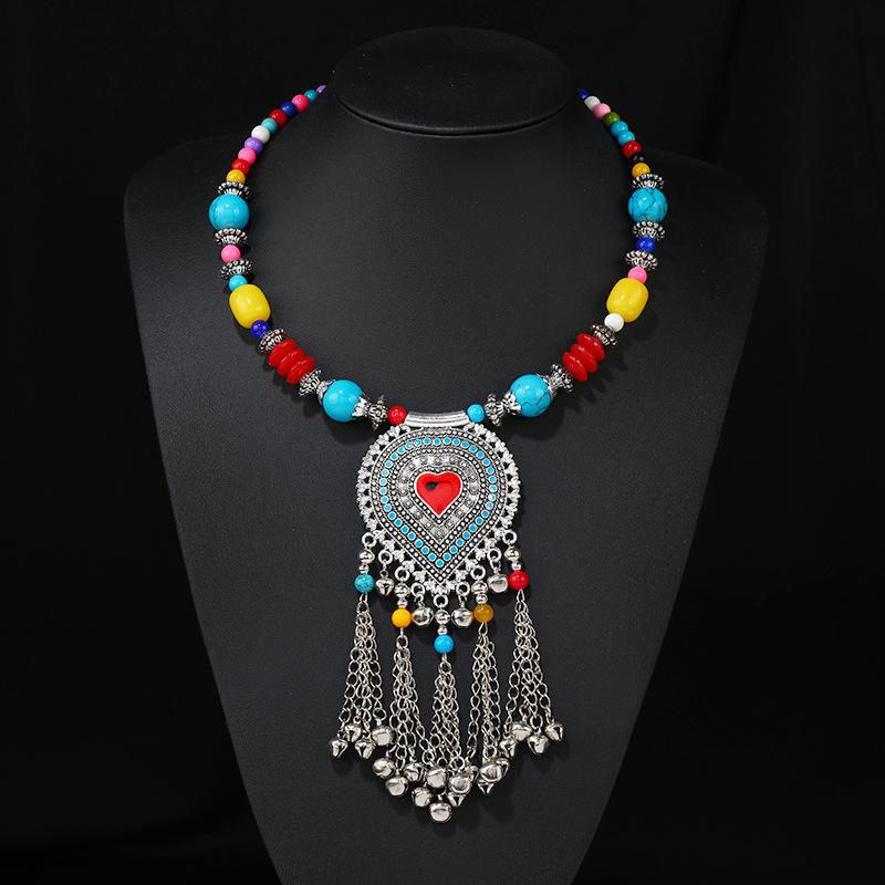Vintage Tibetan Necklace, Bell Tassel, Color Beaded Collar, Yunnan Travel Sweater Chain Accessories Women