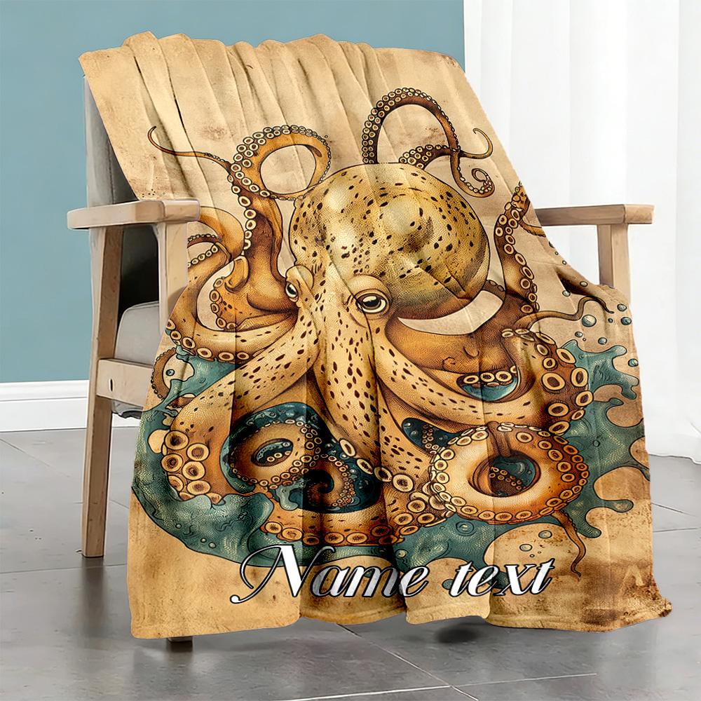 Retro Octopus Personalized Name Blanket Cozy Customizable Blanket Soft Warm Cozy Great for Picnics Chair Livingroom Seaside Four Seasons Multipurpose