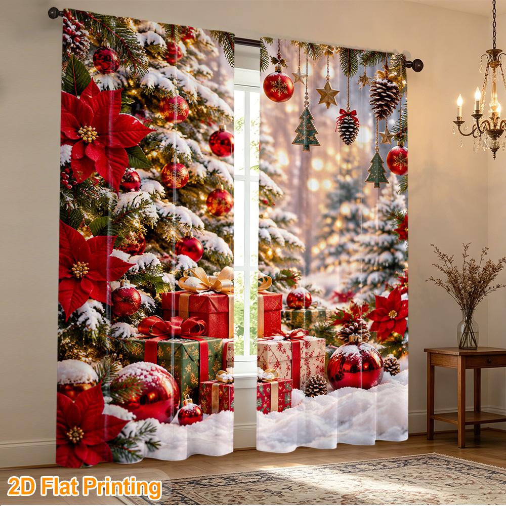 2pcs Christmas Snow Gifts Ornaments Print Polyester Curtain, Modern Window Drapes for Privacy and Light Control, Kitchen Bedroom Apartment Use Curtain