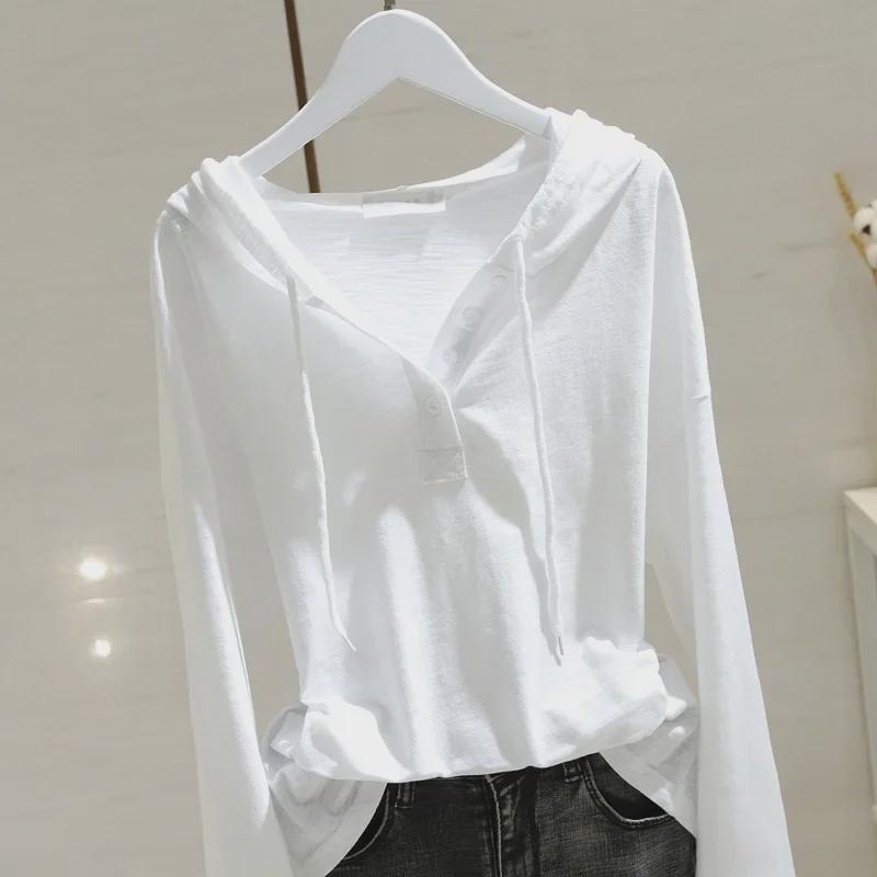Women's Korean-Style White Hooded Long-Sleeve T-Shirt - 2025 Spring/Autumn Loose-Fit Top